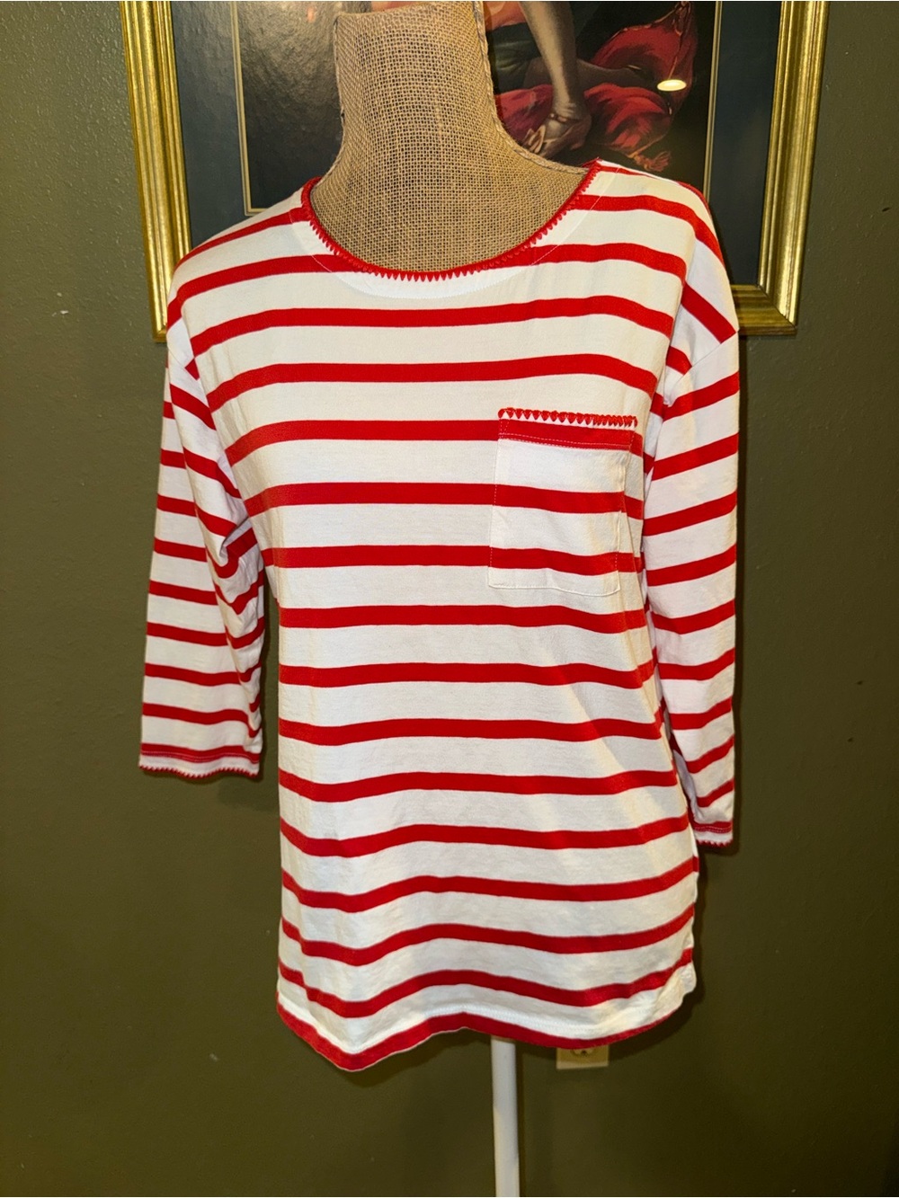 St. John's Bay Red & White Striped Long Sleeve Pocket Tee